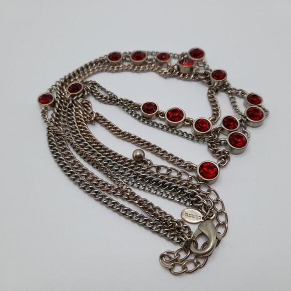 Chico's Red Rhinestone Necklace, Three Strands, Gold Tone, 22 Inches - Picture 9 of 10